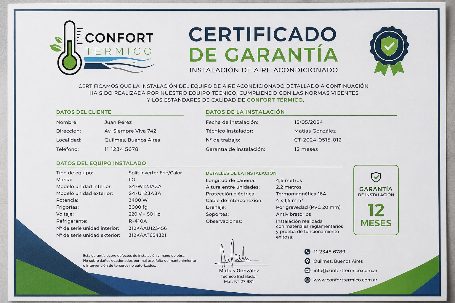 Ejemplo de certificado de garantía de instalación de aire acondicionado de Confort Térmico